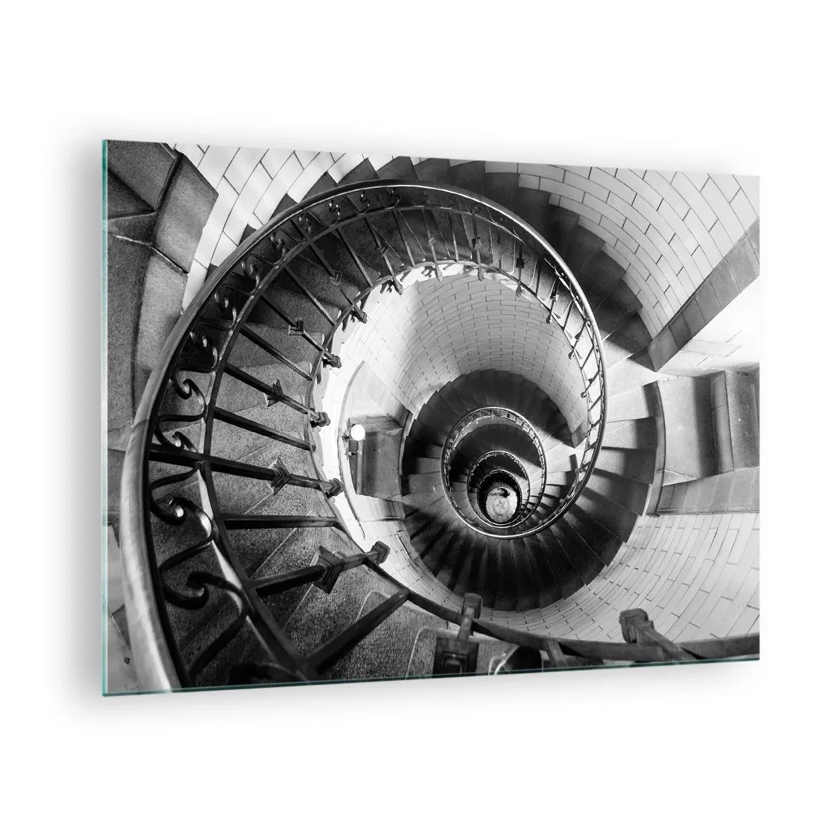 Obraz na skle - Černobílá fotografie točitého schodiště v perspektivě - 70x50cm - Jen výš a výš - Moderní nástěnná dekorace do obývacího pokoje a ložnice ARTTOR