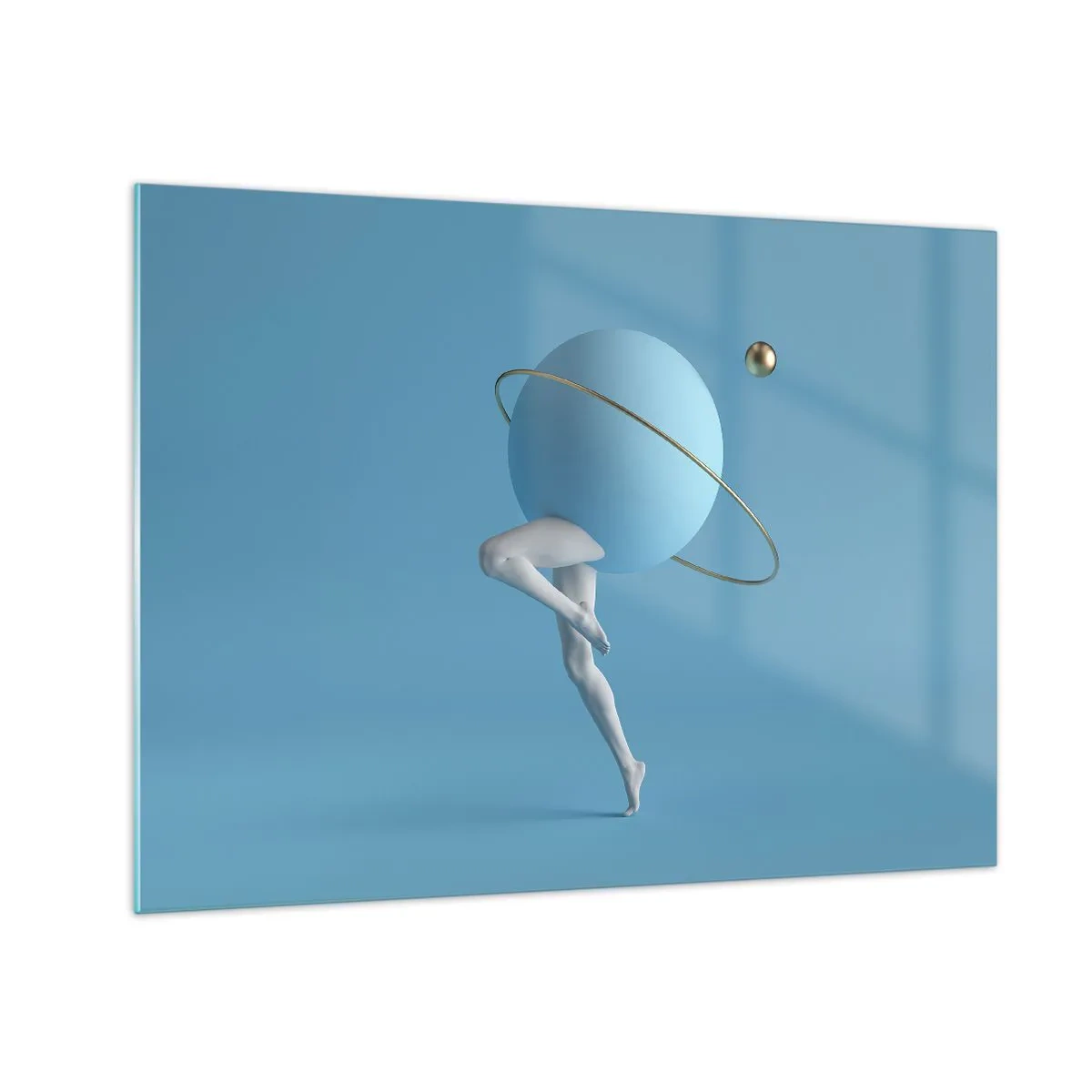 Obraz na skle - Minimalistická kompozice planety s lidskýma nohama na modrém pozadí. - 70x50cm - Šílenství planet - Moderní nástěnná dekorace do obývacího pokoje a ložnice ARTTOR