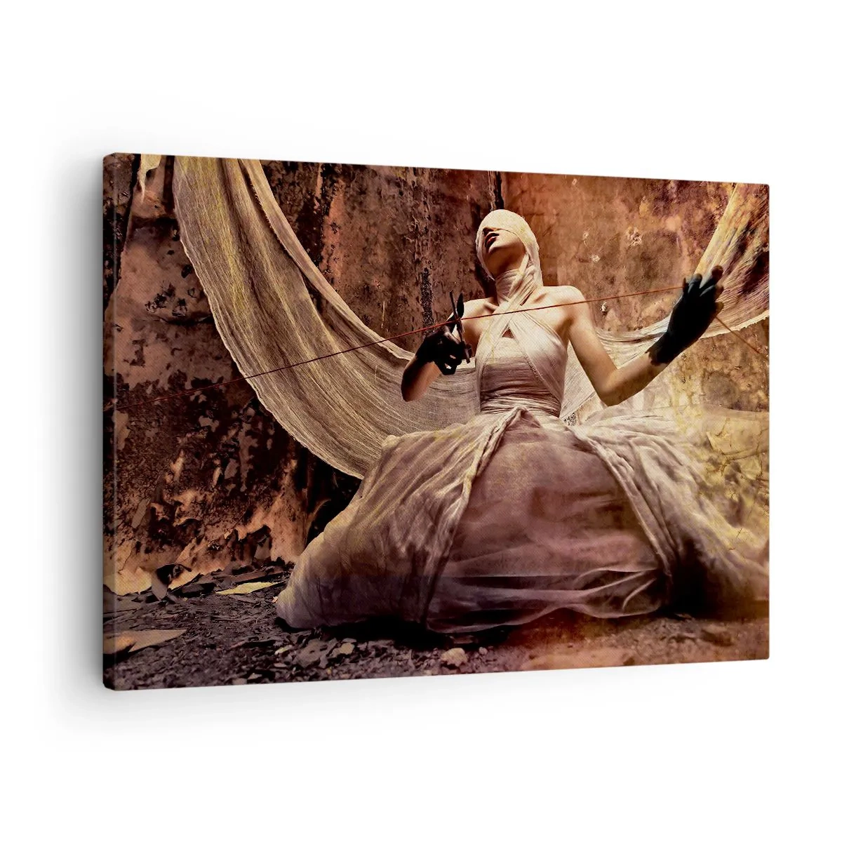 Obraz na plátně - Žena v šatech se zakrytým obličejem a nůžkami v rukou - 70x50cm - Bohyně osudu - Moderní nástěnná dekorace do obývacího pokoje a ložnice ARTTOR
