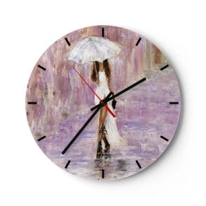 Nástěnné hodiny - Postava ženy s deštníkem v dešti na šeříkovém pozadí - 30x30cm - V liliovém dešti - Moderní nástěnná dekorace do obývacího pokoje, kuchyně a ložnice ARTTOR