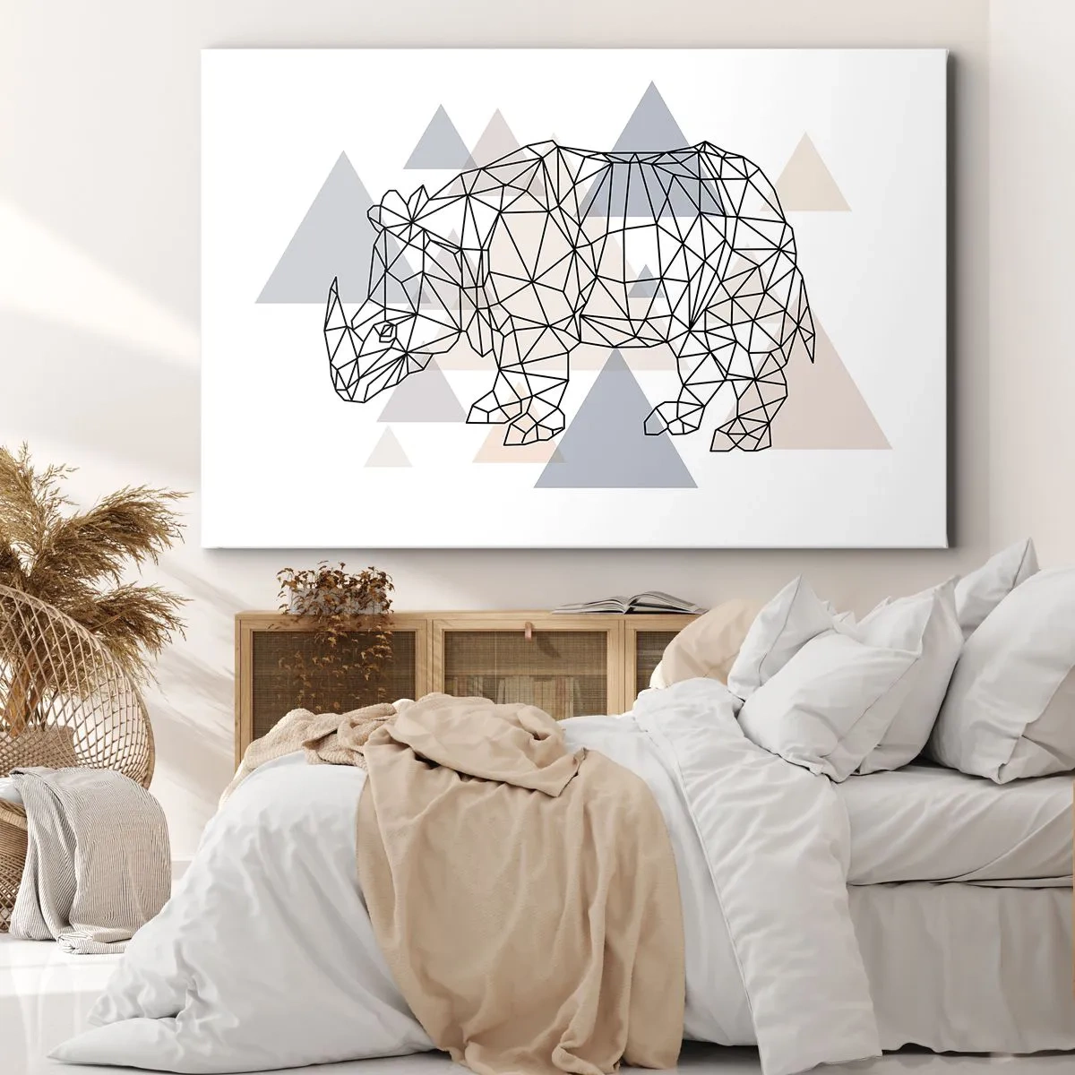 Obraz na plátně - Geometrický nosorožec na pozadí jemných trojúhelníků - 70x50cm - Struktura síly - Moderní nástěnná dekorace do obývacího pokoje a ložnice ARTTOR