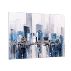 Obraz na skle - Abstraktní panorama města s mrakodrapy a mostem v chladných barvách - 70x50cm - Newyorská imprese - Moderní nástěnná dekorace do obývacího pokoje a ložnice ARTTOR
