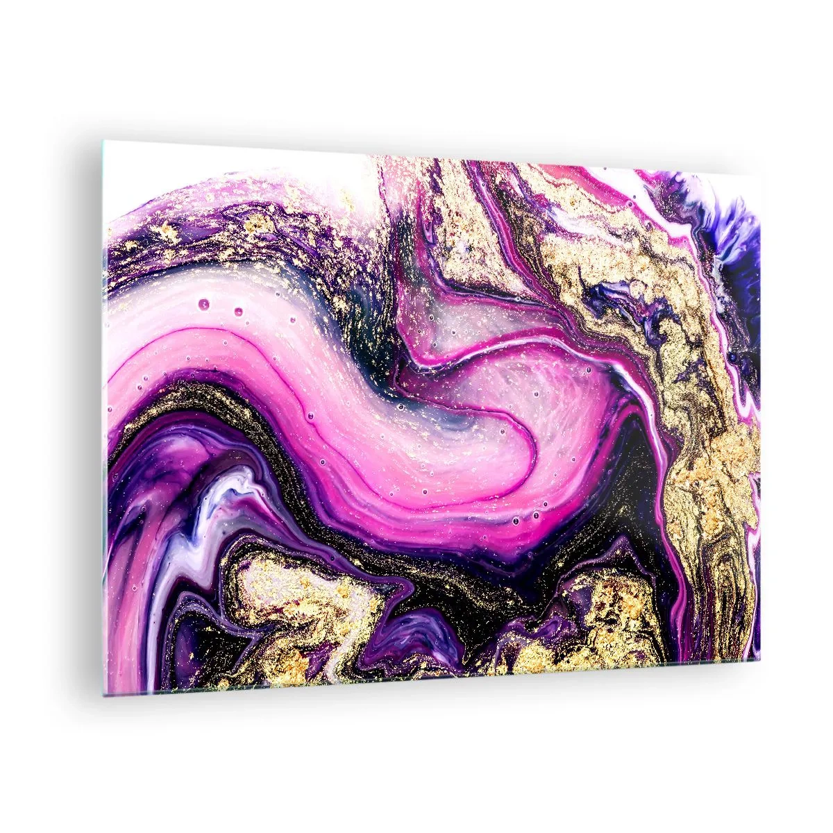 Obraz na skle - Abstraktní kompozice v odstínech fialové a zlaté. - 70x50cm - Okamžik v zákulisí - Moderní nástěnná dekorace do obývacího pokoje a ložnice ARTTOR