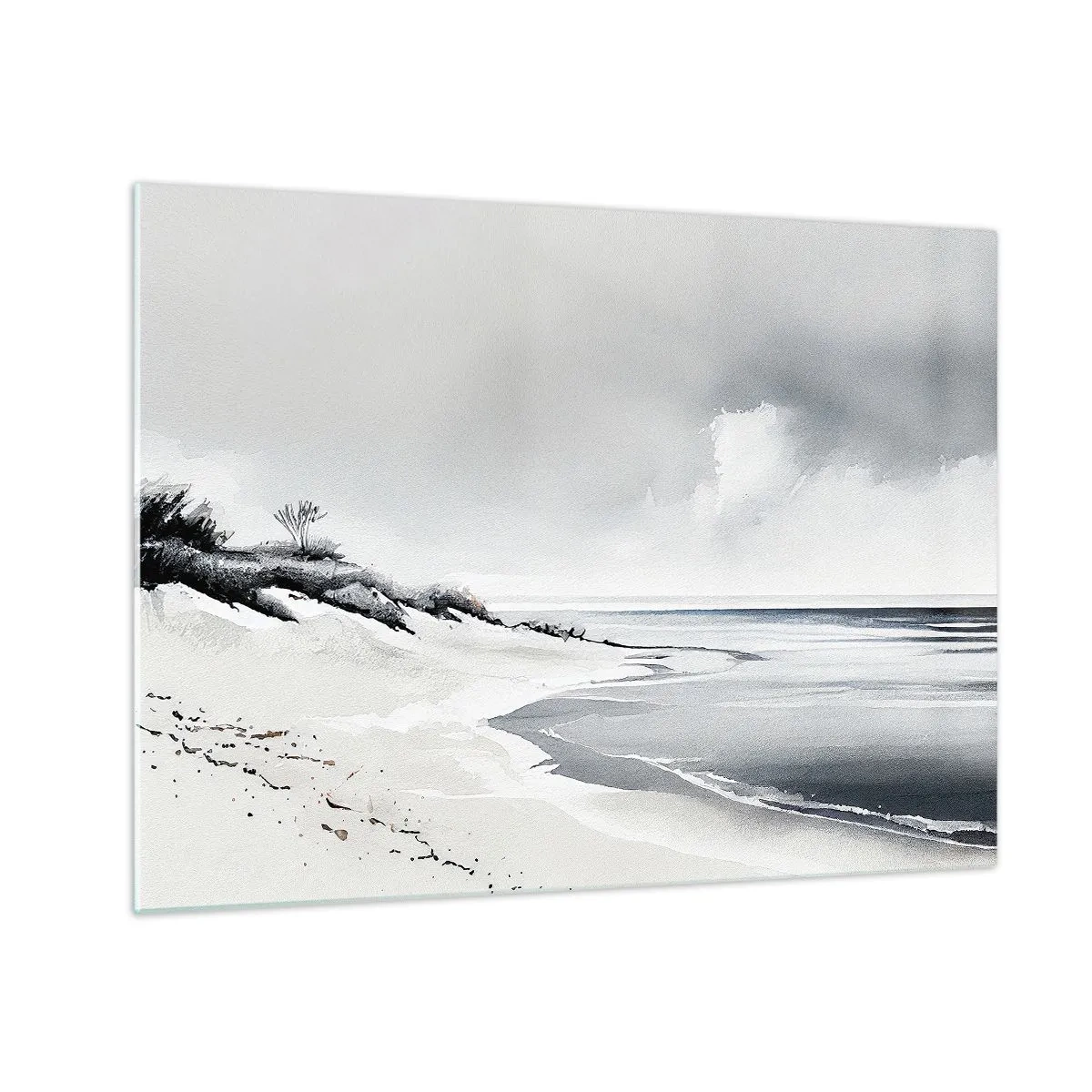 Obraz na skle - Černá a bílá pláž s horizontem a klidným mořem - 70x50cm - Vždycky spolu - Moderní nástěnná dekorace do obývacího pokoje a ložnice ARTTOR