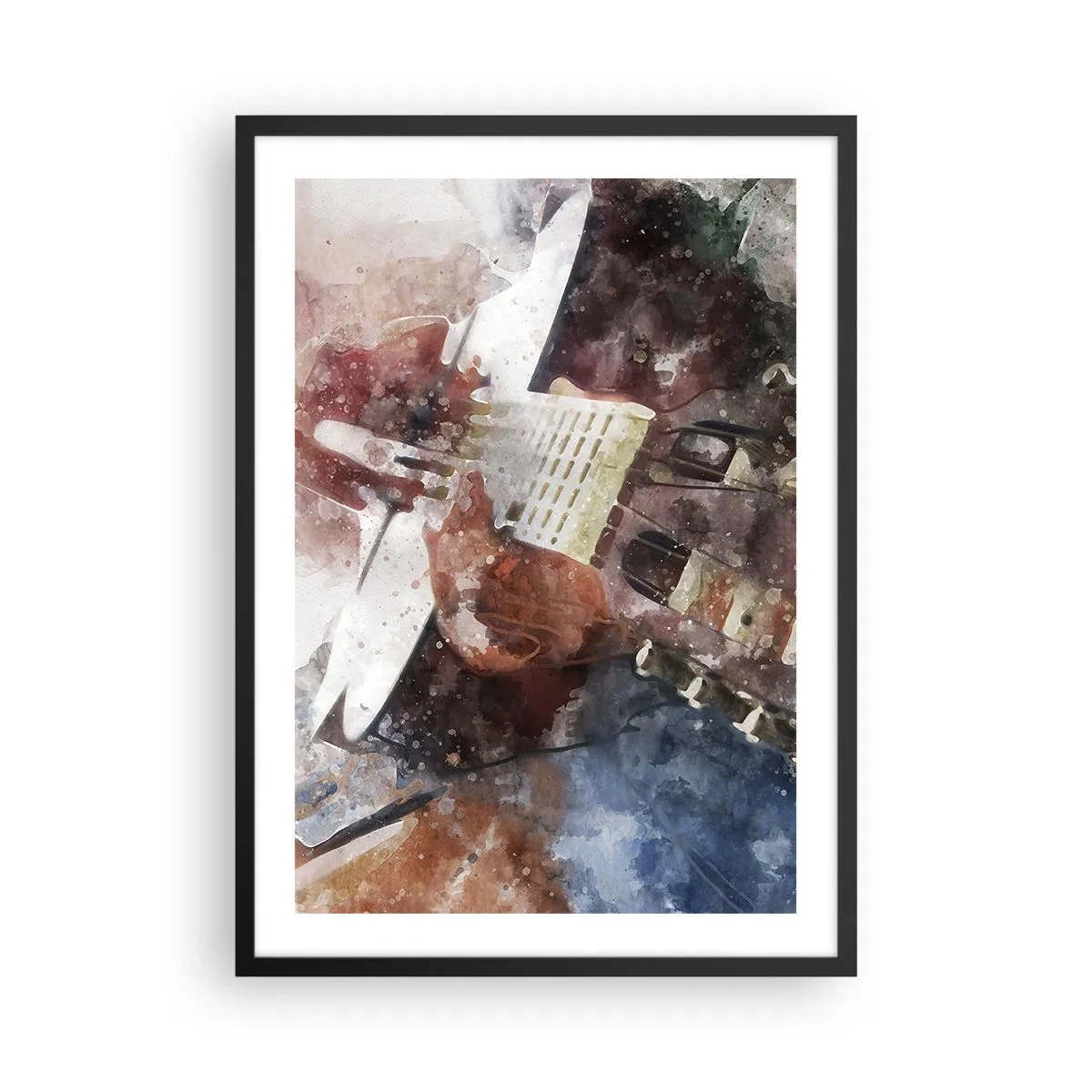 Plakát v černém rámu - Umělecké ztvárnění kytary ve stylu akvarelu - 50x70cm - Co si o tom myslíš? - Moderní nástěnná dekorace do obývacího pokoje a ložnice ARTTOR