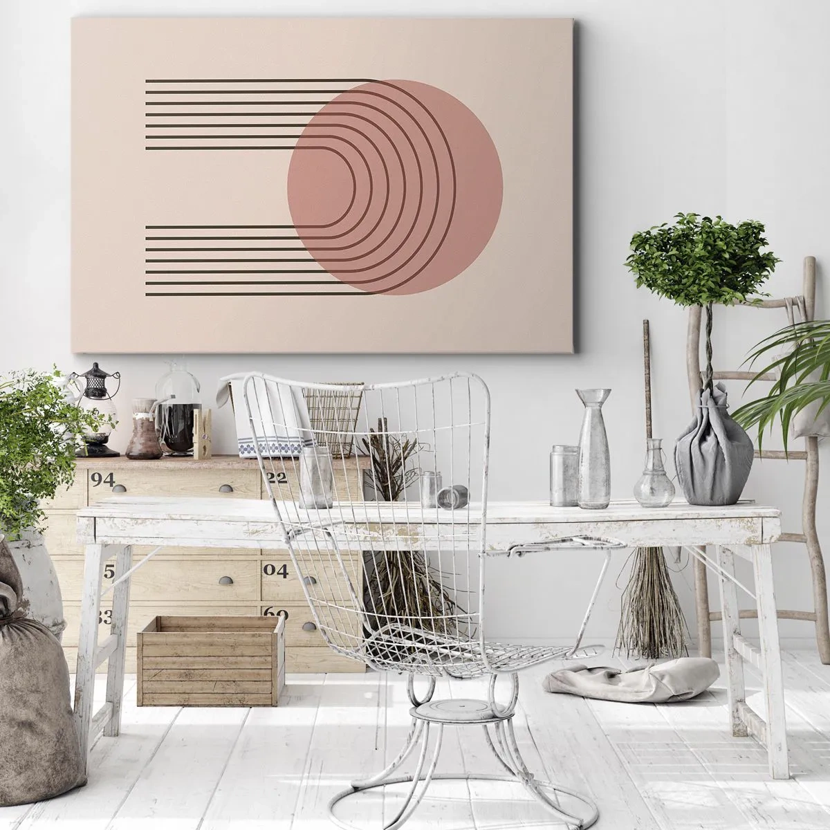 Obraz na plátně - Abstraktní motiv s růžovým kruhem a čarami - 70x50cm - Neodolatelná přitažlivost - Moderní nástěnná dekorace do obývacího pokoje a ložnice ARTTOR
