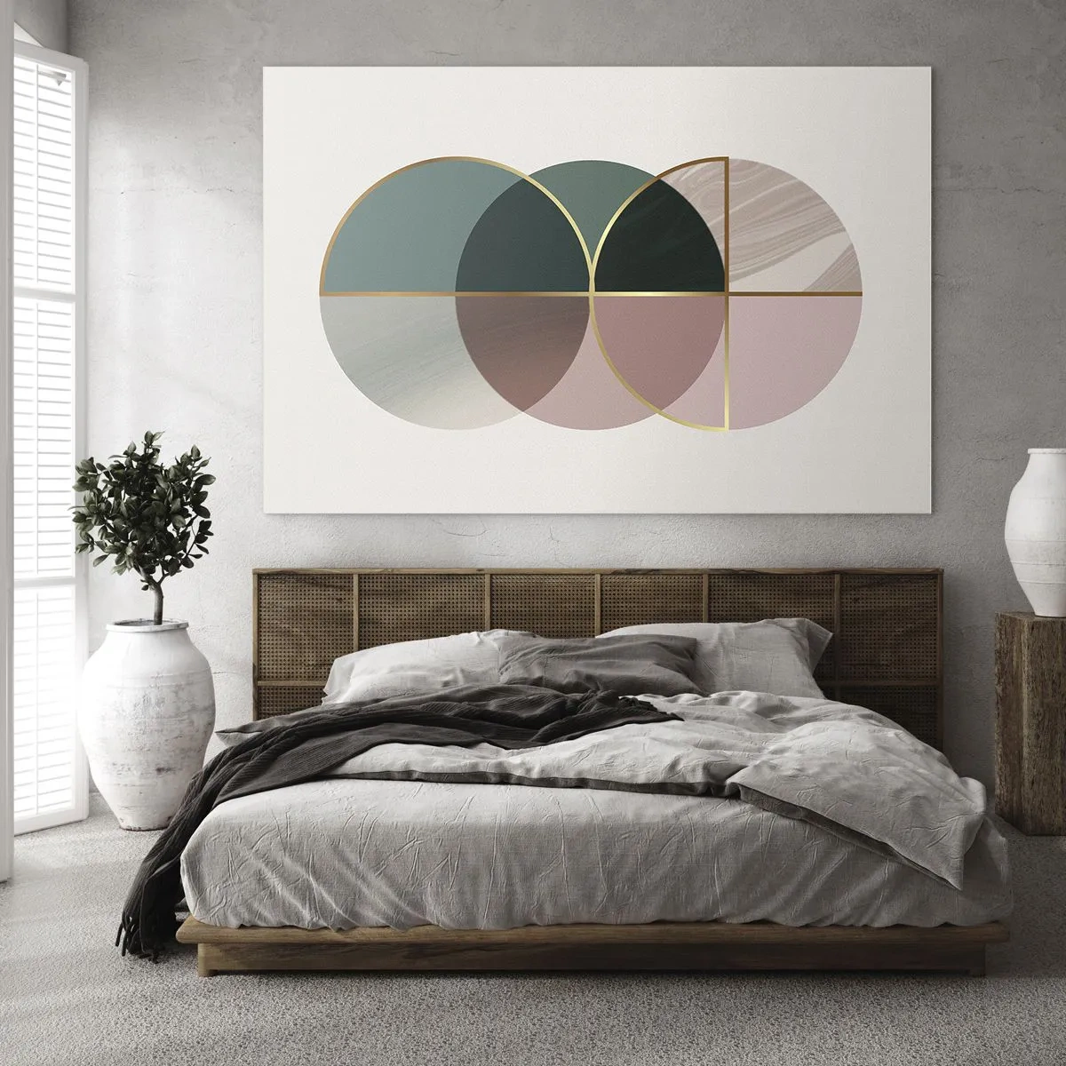 Obraz na skle - Geometrické tvary s odstíny zelené a růžové na světlém pozadí - 70x50cm - Kruhy… - Moderní nástěnná dekorace do obývacího pokoje a ložnice ARTTOR