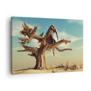 Obraz na plátně - Slon sedící na stromě v surrealistické krajině - 70x50cm - Nový úhel pohledu - Moderní nástěnná dekorace do obývacího pokoje a ložnice ARTTOR