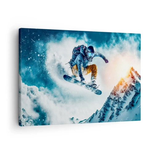 Obraz na plátně - Snowboardista letí nad zasněženými horami - 70x50cm - Extrémní emoce - Moderní nástěnná dekorace do obývacího pokoje a ložnice ARTTOR