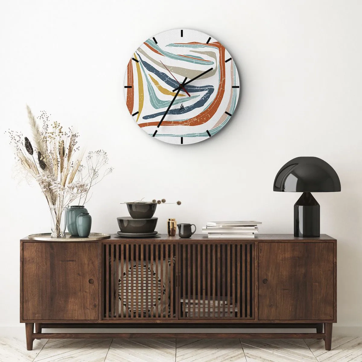 Nástěnné hodiny - Barevné, dynamické vlny a linie vytvářejí radostný abstraktní vzor. - 30x30cm - Přátelsky usměvavá abstrakce - Moderní nástěnná dekorace do obývacího pokoje, kuchyně a ložnice ARTTOR