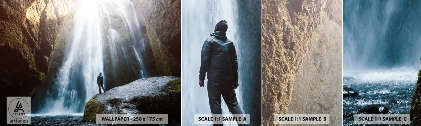 Vzor Fototapety Samolepicí Deluxe Sticker - Obnovení proporce - Vodopád, Skály, Jeskyně - 100x30 cm