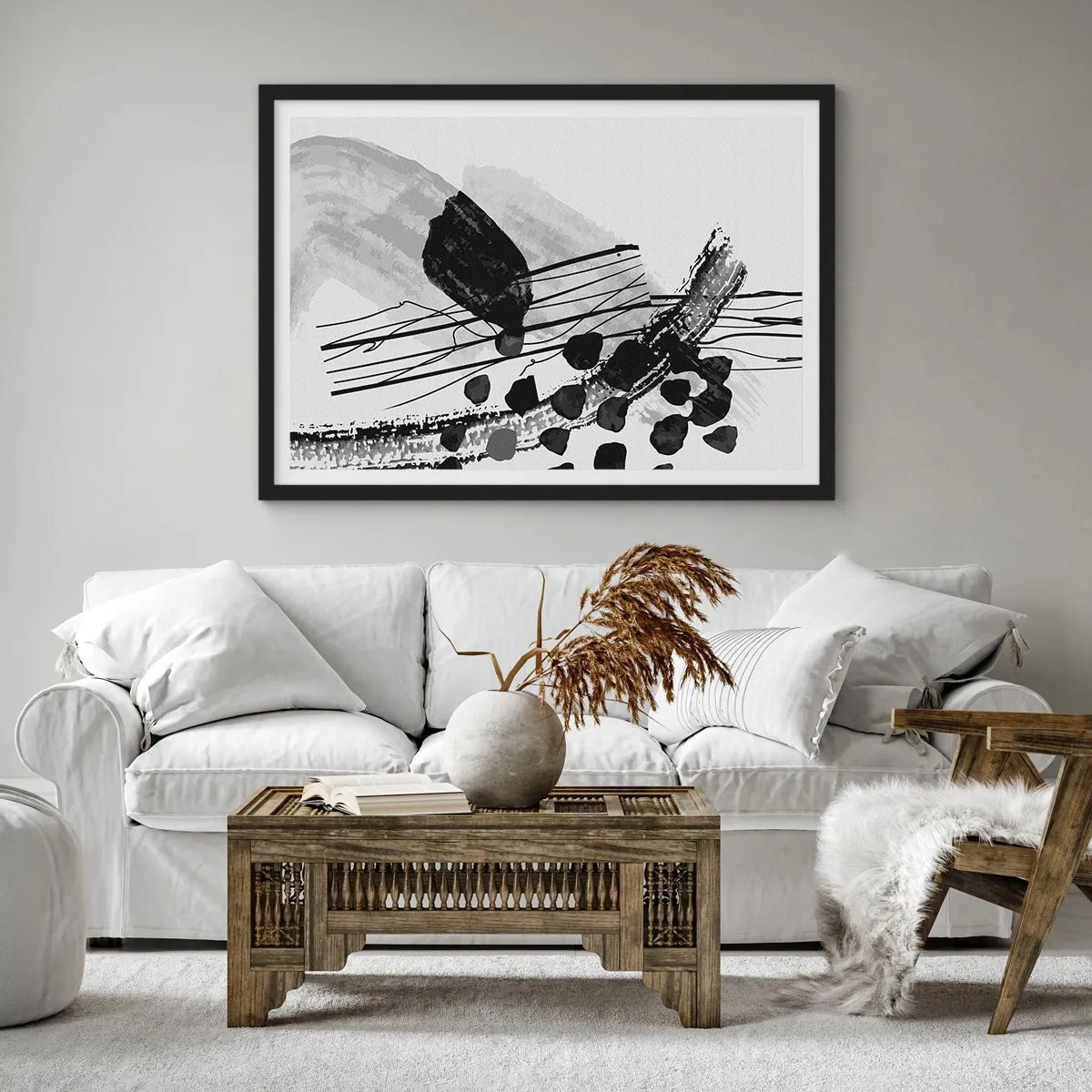 Plakát v černém rámu - Černobílá organická abstrakce - 70x50 cm