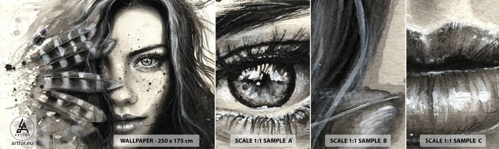 Fototapeta Vzorek Standard Eco - Divoká krása - Žena, Ptačí peří, Grafika - 100x30 cm