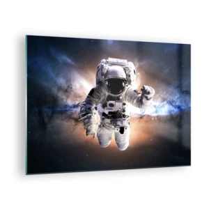 Obraz na skle - Astronaut ve vesmíru s galaxií v pozadí - 70x50cm - Pozdravy z vesmíru - Moderní nástěnná dekorace do obývacího pokoje a ložnice ARTTOR