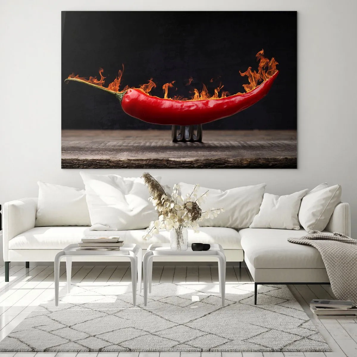 Obraz na skle - Hořící červená chilli paprička na černém pozadí - 70x50cm - Ohnivý předkrm - Moderní nástěnná dekorace do obývacího pokoje a ložnice ARTTOR