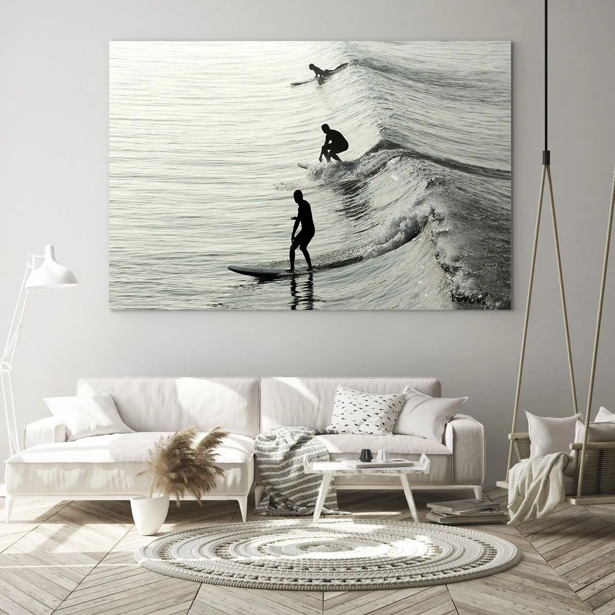 Obraz na skle - Tři surfaři jezdí ráno na vlnách - 70x50cm - Za vlnou - Moderní nástěnná dekorace do obývacího pokoje a ložnice ARTTOR