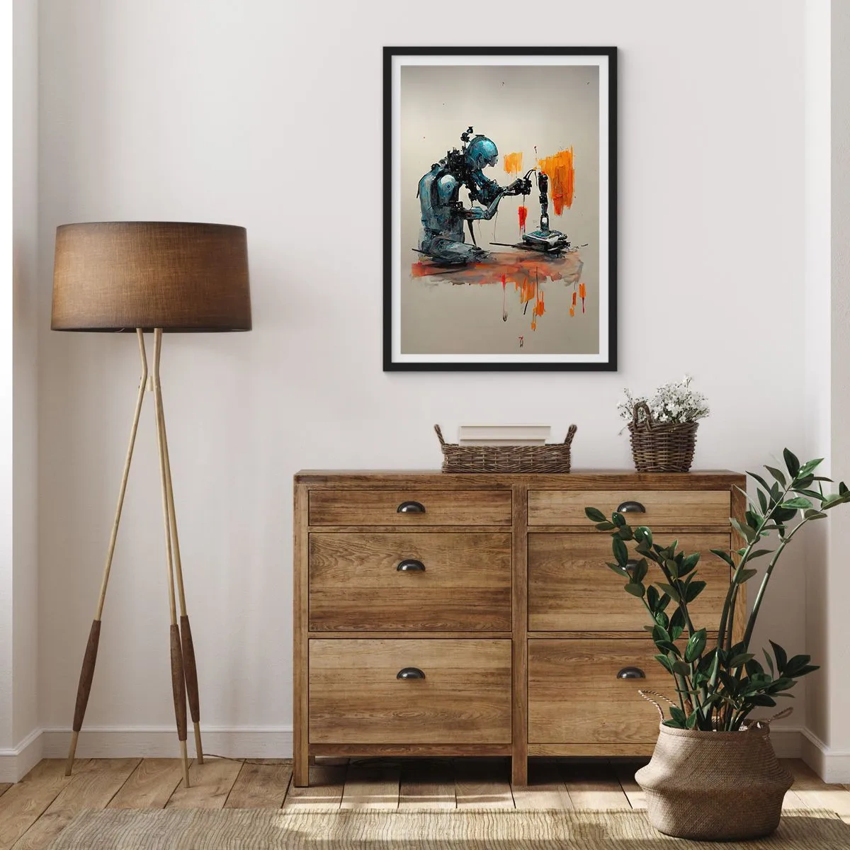 Plakát v černém rámu - Kybernetický robot při tvorbě umění. - 50x70cm - Už zítra… - Moderní nástěnná dekorace do obývacího pokoje a ložnice ARTTOR