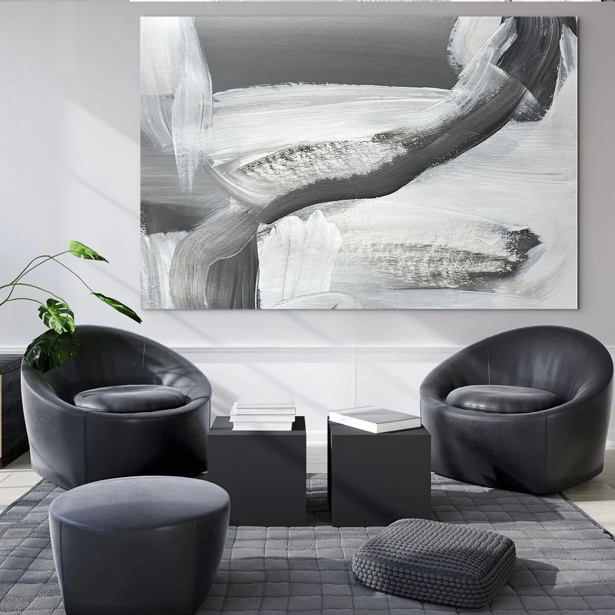 Obraz na skle - Černobílá abstrakce s dynamickými tahy štětcem. - 70x50cm - Pevným pohybem - Moderní nástěnná dekorace do obývacího pokoje a ložnice ARTTOR
