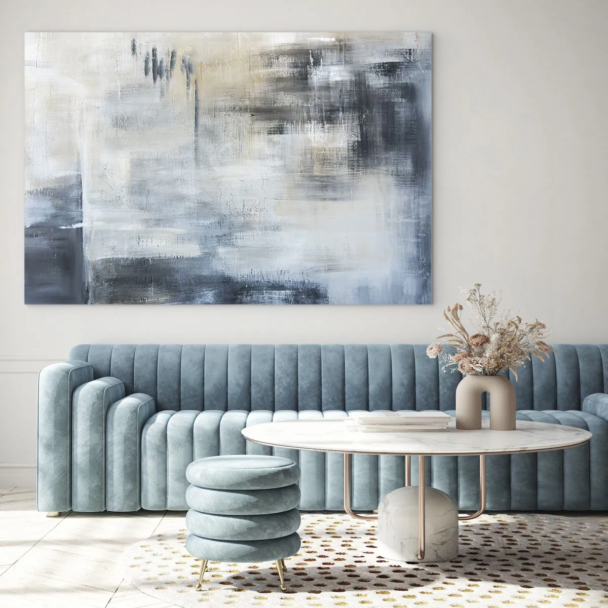Obraz na skle - Abstraktní kompozice v odstínech modré a šedé - 70x50cm - Za závojem modré - Moderní nástěnná dekorace do obývacího pokoje a ložnice ARTTOR