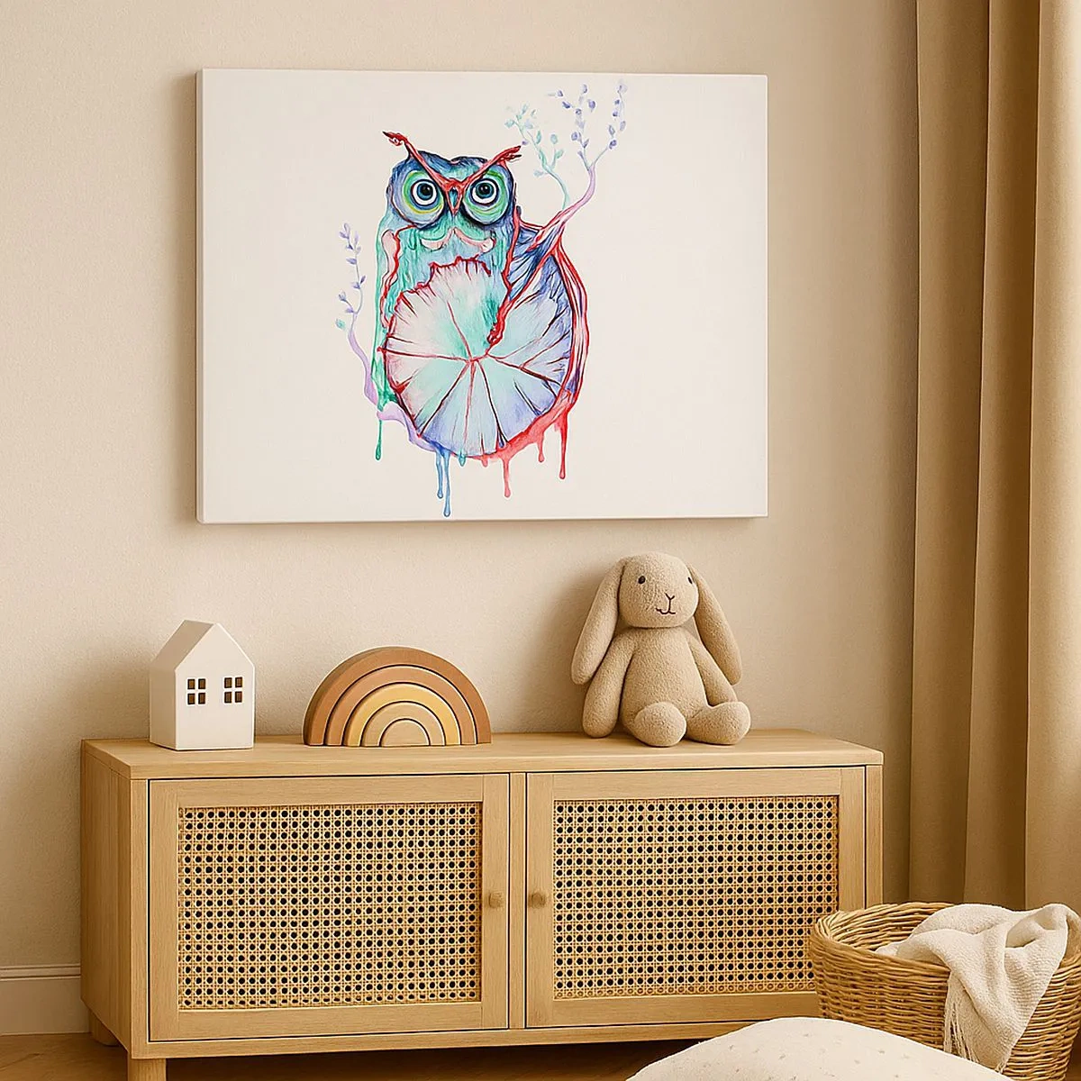 Obraz na plátně - Barevná akvarelová sova v uměleckém stylu - 70x50cm - Moudrost z přírody - Moderní nástěnná dekorace do obývacího pokoje a ložnice ARTTOR