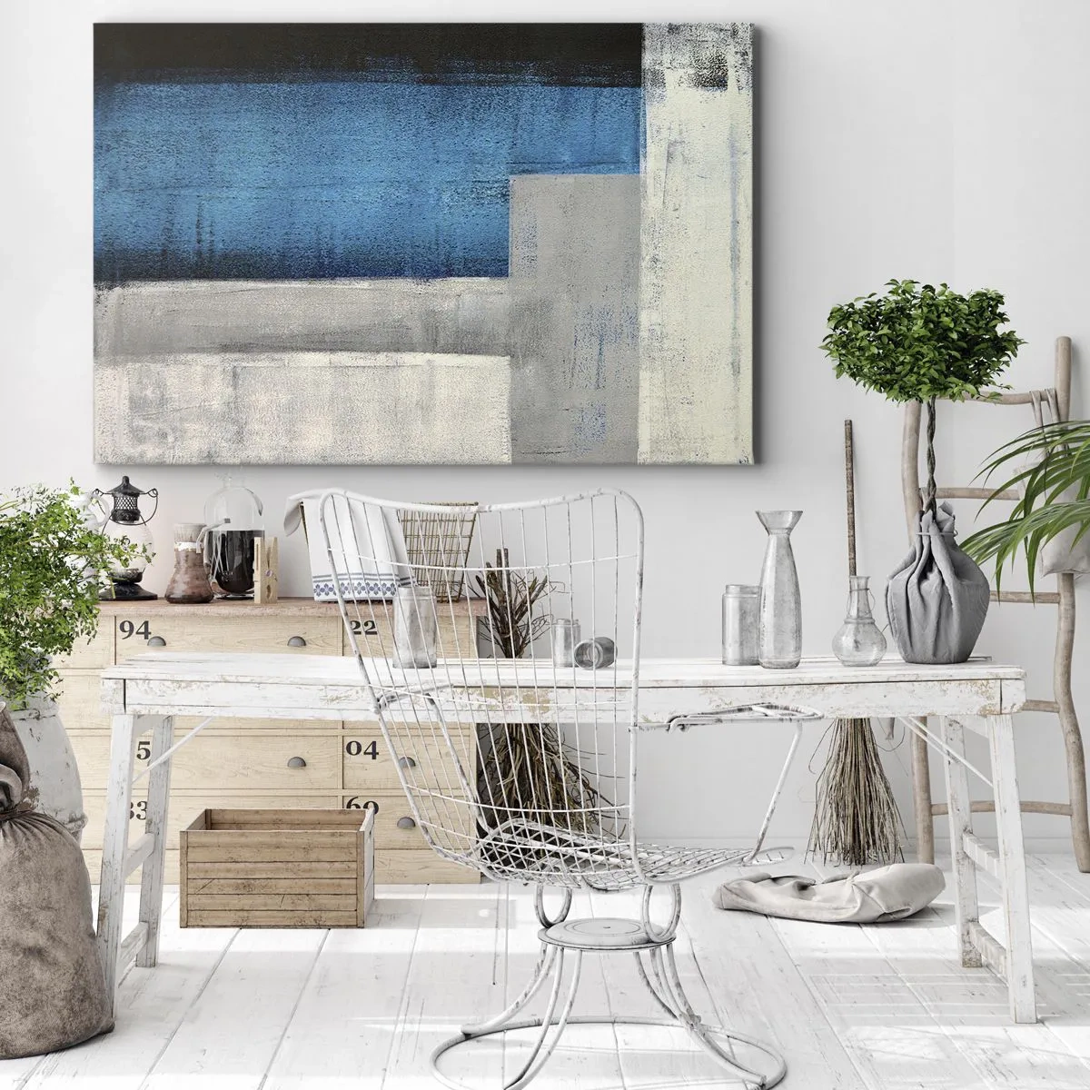 Obraz na plátně - Abstraktní kompozice s odstíny modré, šedé a bílé. - 70x50cm - Poetická kompozice šedé a modré - Moderní nástěnná dekorace do obývacího pokoje a ložnice ARTTOR