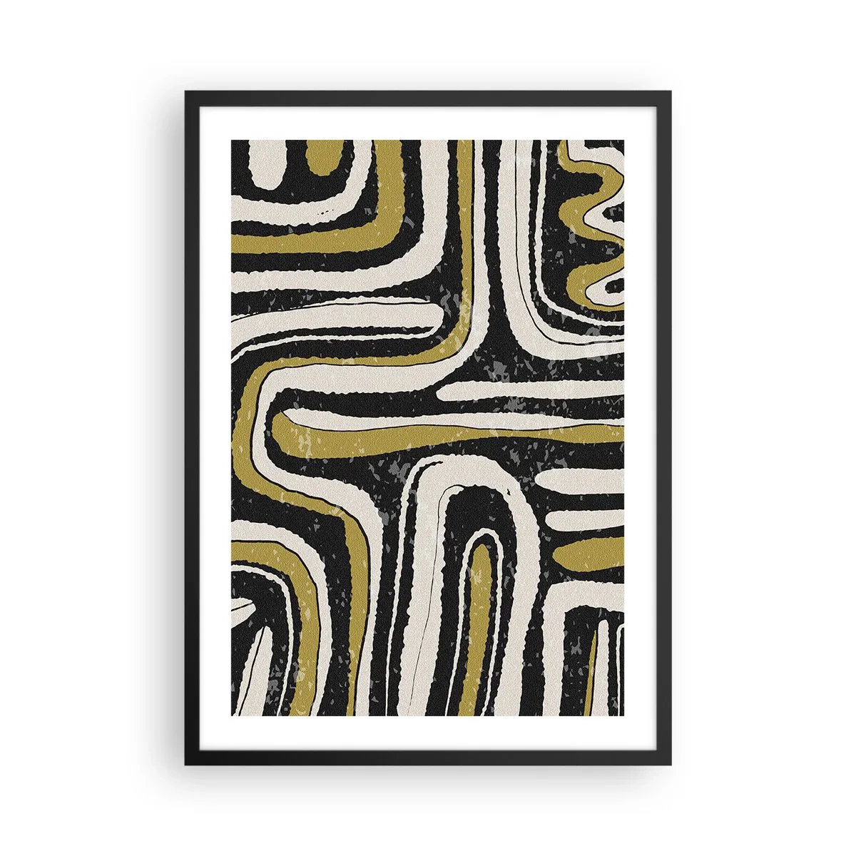 Plakát v černém rámu - Geometrická abstrakce v černé, béžové a zlaté barvě - 50x70cm - Kompozice: trakty a uličky - Moderní nástěnná dekorace do obývacího pokoje a ložnice ARTTOR