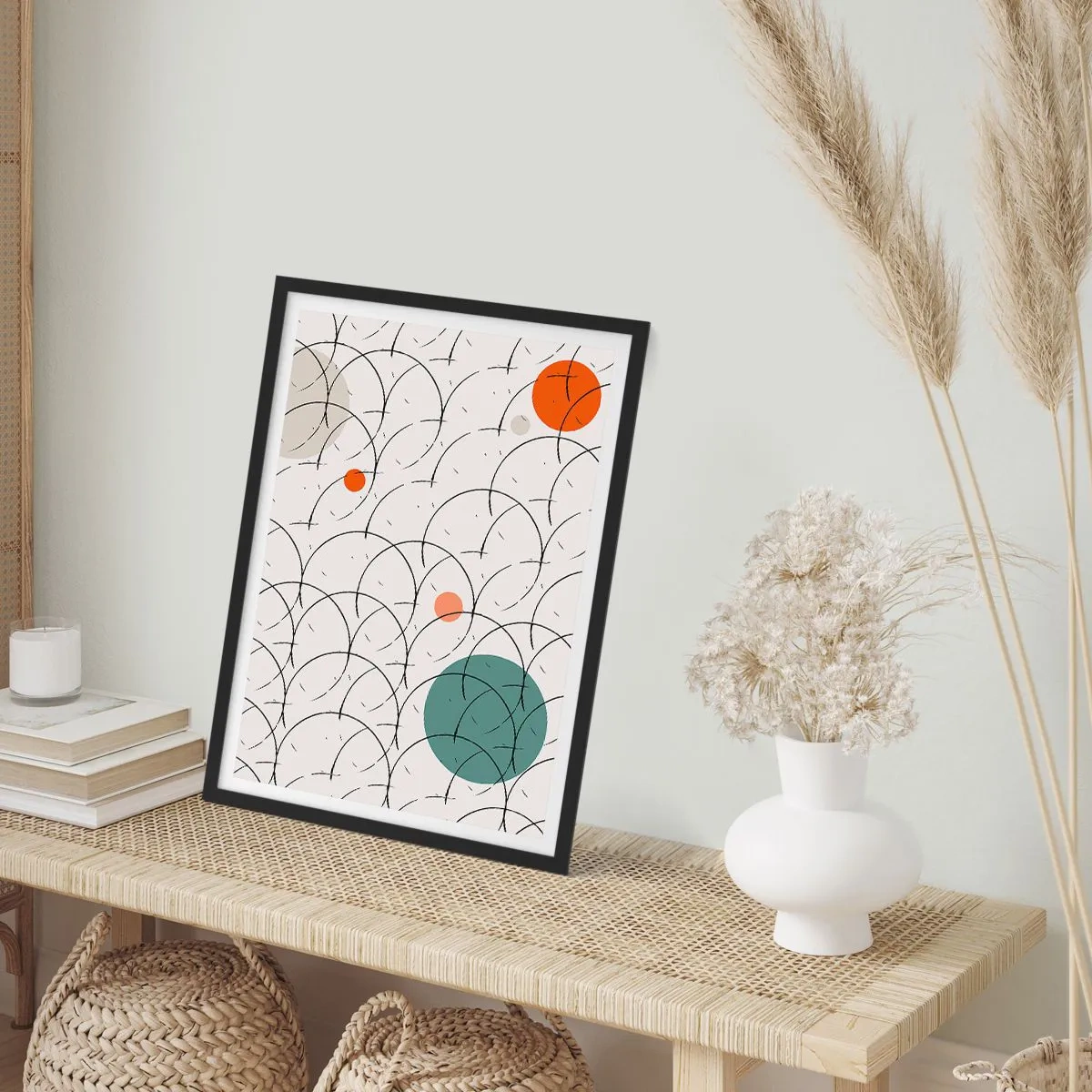 Plakát v černém rámu - Moderní geometrická abstrakce s barevnými akcenty - 50x70cm - V duchu pop-artu - Moderní nástěnná dekorace do obývacího pokoje a ložnice ARTTOR