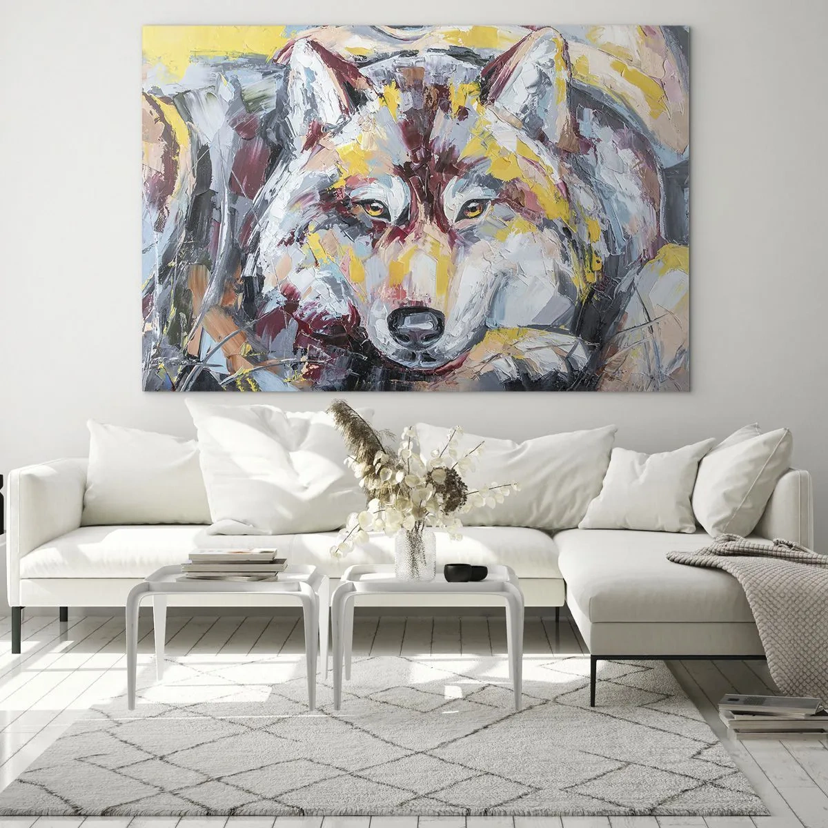 Obraz na skle - Barevný portrét vlka v expresionistickém stylu - 70x50cm - Klid mezi blízkými - Moderní nástěnná dekorace do obývacího pokoje a ložnice ARTTOR