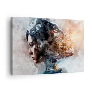 Obraz na plátně - Portrét ženy kombinující její tvář s městskou krajinou v pozadí - 70x50cm - Příběh o dívce s městem v pozadí - Moderní nástěnná dekorace do obývacího pokoje a ložnice ARTTOR