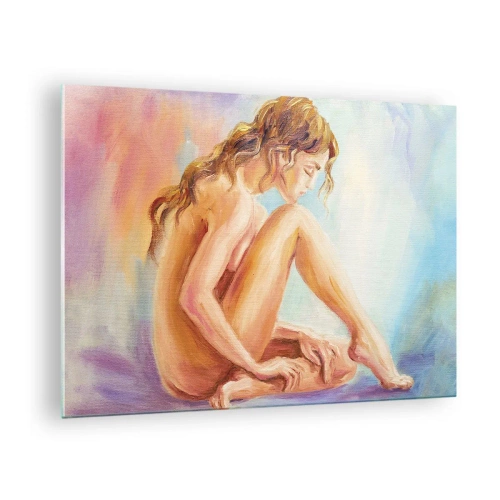 Obraz na skle - Žena v jemném odrazu na pozadí pastelových barev - 70x50cm - Akt mládí - Moderní nástěnná dekorace do obývacího pokoje a ložnice ARTTOR