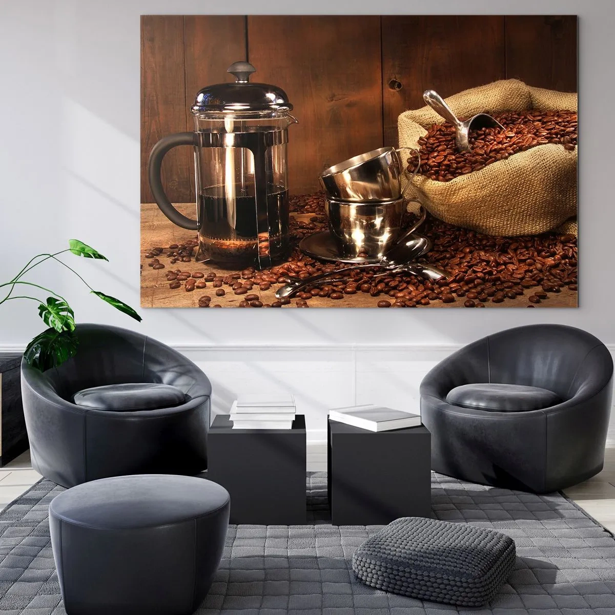 Obraz na skle - Kávovar, šálky a sáček kávových zrn - 70x50cm - Kouzlo kávy - aroma a chuť - Moderní nástěnná dekorace do obývacího pokoje a ložnice ARTTOR