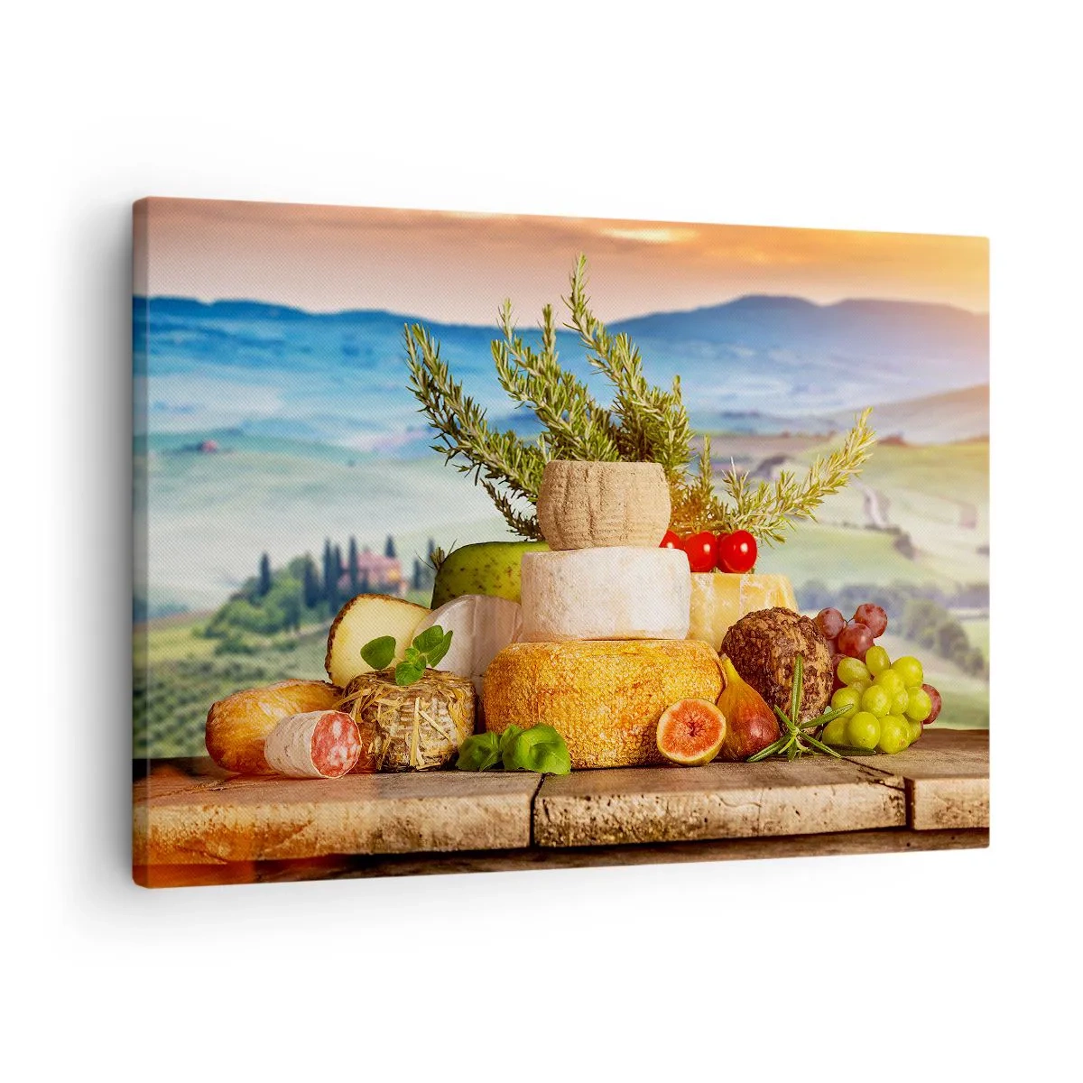 Obraz na plátně - Složení sýrů a ovoce na pozadí toskánské krajiny - 70x50cm - Italská radost ze života - Moderní nástěnná dekorace do obývacího pokoje a ložnice ARTTOR