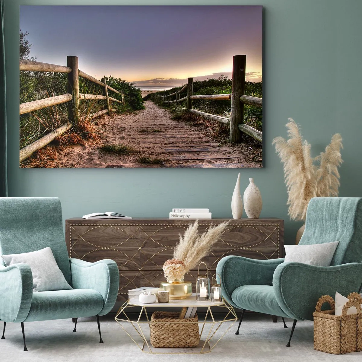 Obraz na plátně - Dřevěná cesta v dunách vedoucí k pláži při západu slunce - 70x50cm - Už je vidět cíl - Moderní nástěnná dekorace do obývacího pokoje a ložnice ARTTOR