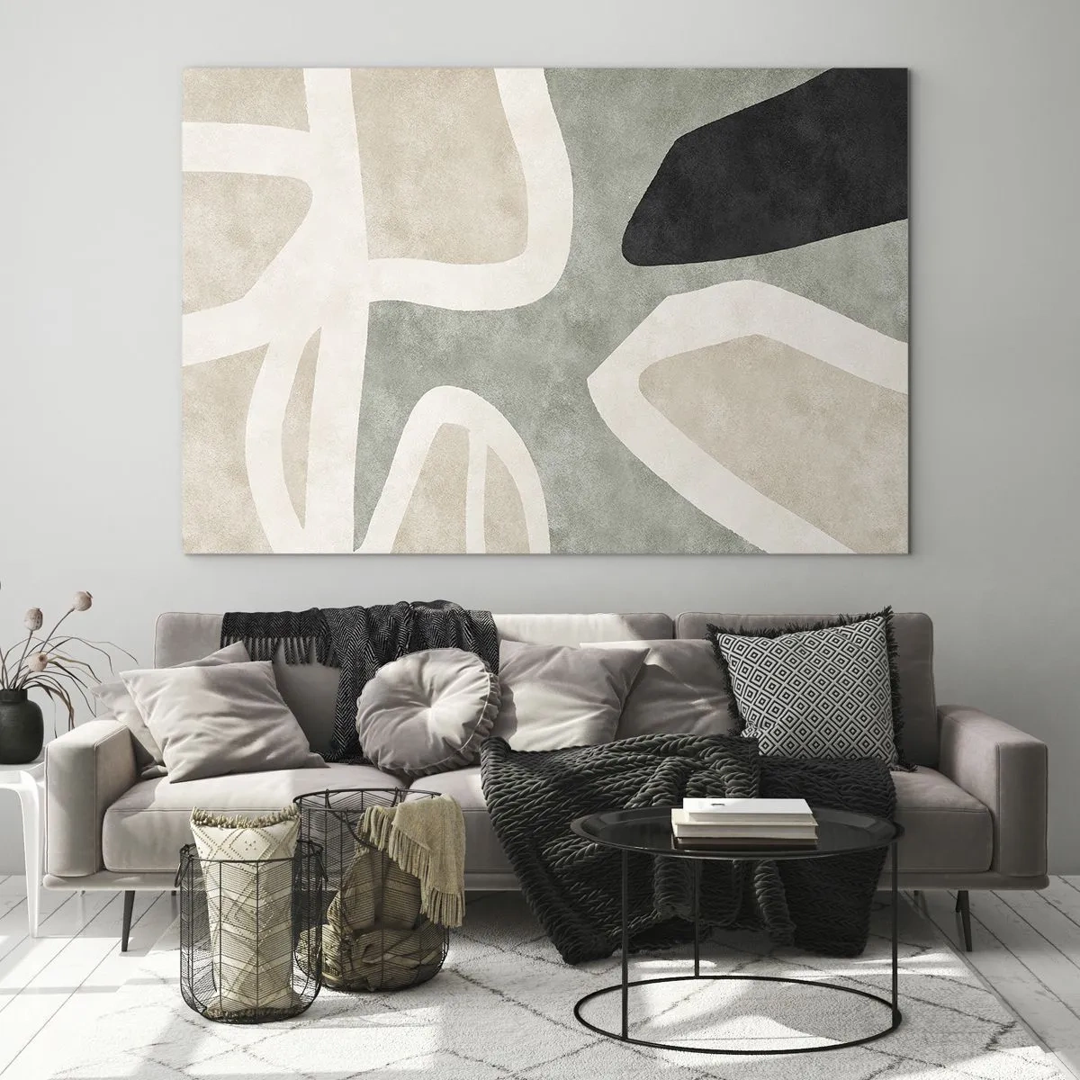 Obraz na skle - Abstraktní tvary v béžové a zelené barvě s nádechem černé - 70x50cm - Kompozice s černým motivem - Moderní nástěnná dekorace do obývacího pokoje a ložnice ARTTOR