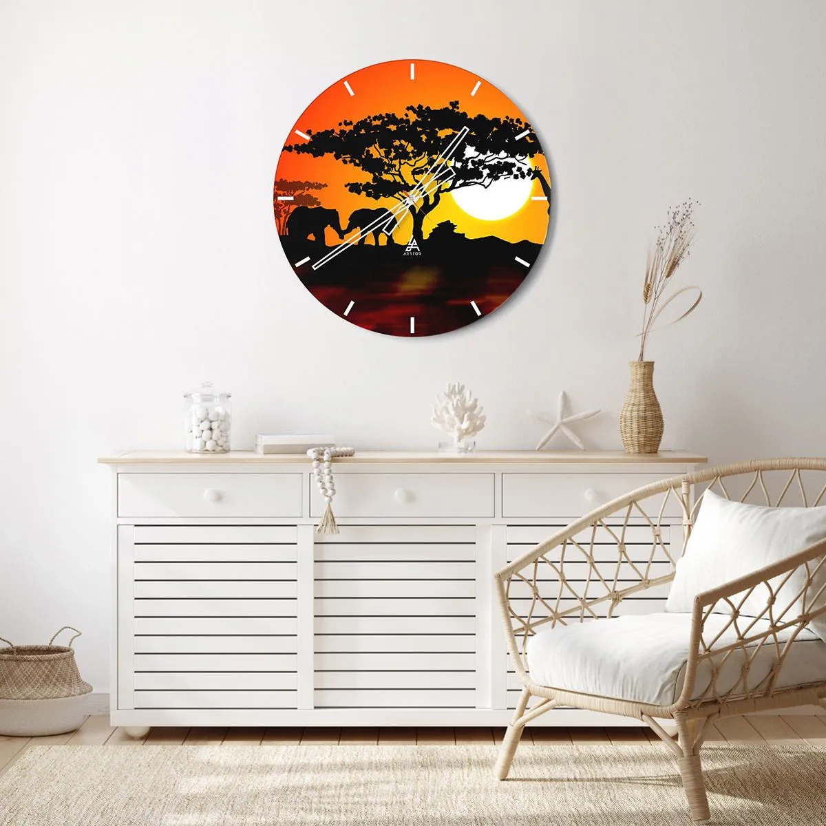 Nástěnné hodiny - Africká krajina se siluetami stromů a zvířat při západu slunce - 30x30cm - Setkání na savaně - Moderní nástěnná dekorace do obývacího pokoje, kuchyně a ložnice ARTTOR