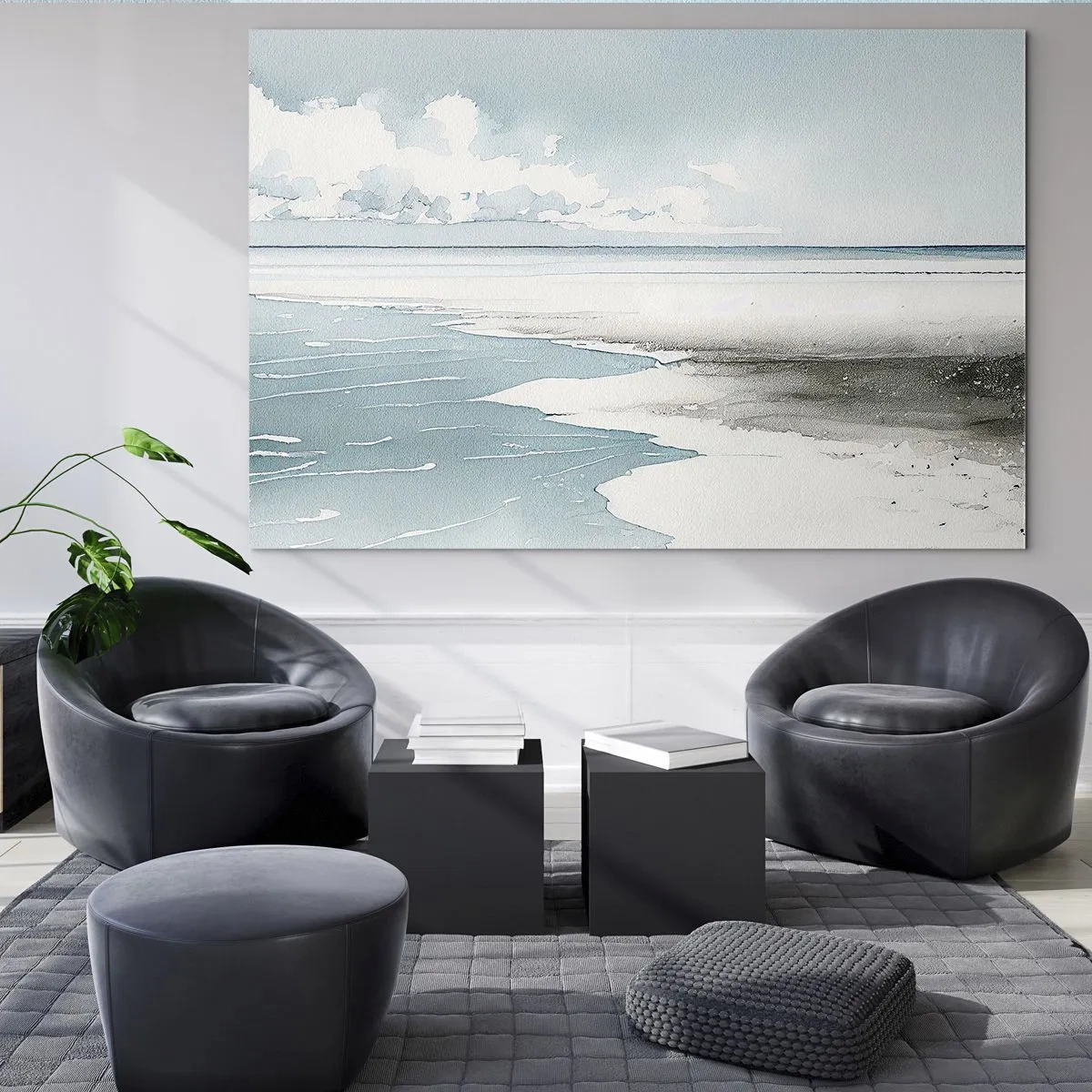 Obraz na skle - Klidná přímořská krajina v akvarelovém stylu v odstínech modré. - 70x50cm - Jemný příliv - Moderní nástěnná dekorace do obývacího pokoje a ložnice ARTTOR