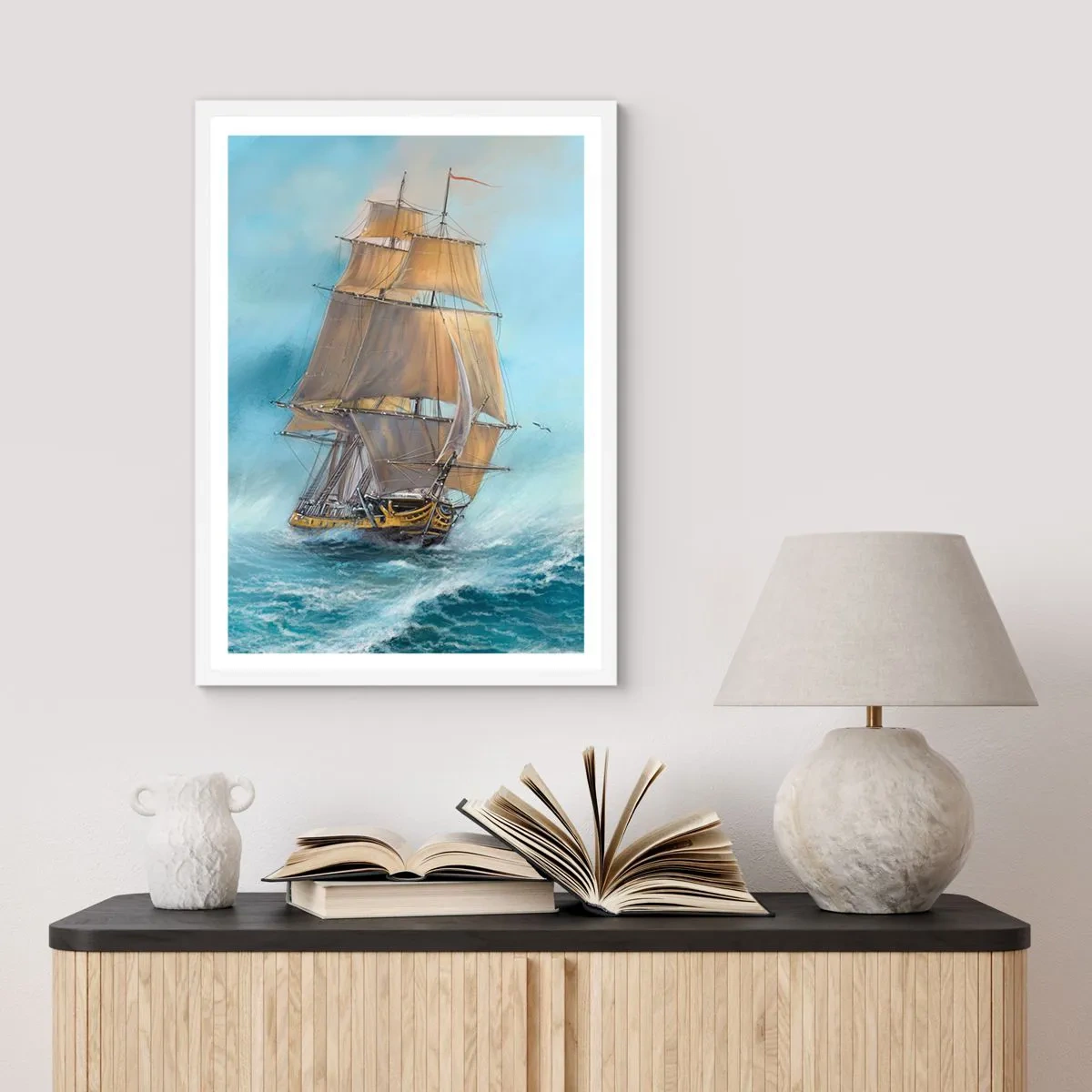 Plakát v bílém rámu - Běžící po vlnách - 40x50 cm