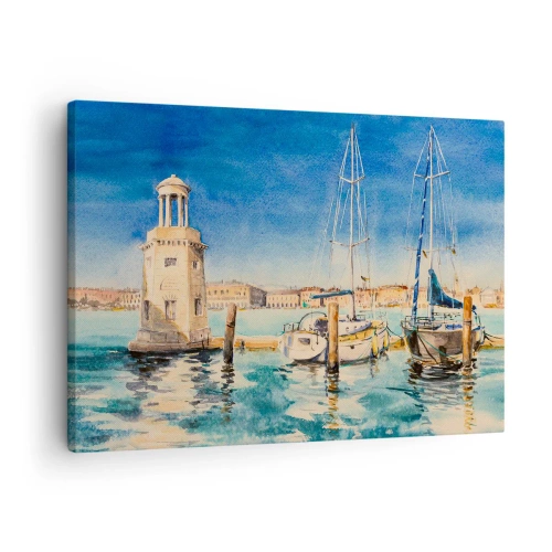 Obraz na plátně - Přístav s loděmi na pozadí modré laguny - 70x50cm - Slunečná laguna - Moderní nástěnná dekorace do obývacího pokoje a ložnice ARTTOR