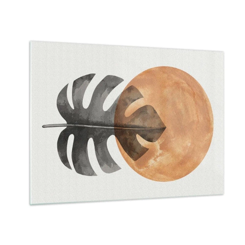 Obraz na skle - List monstery a oranžový kruh v grafickém stylu na bílém pozadí. - 70x50cm - Vždy slunce - Moderní nástěnná dekorace do obývacího pokoje a ložnice ARTTOR