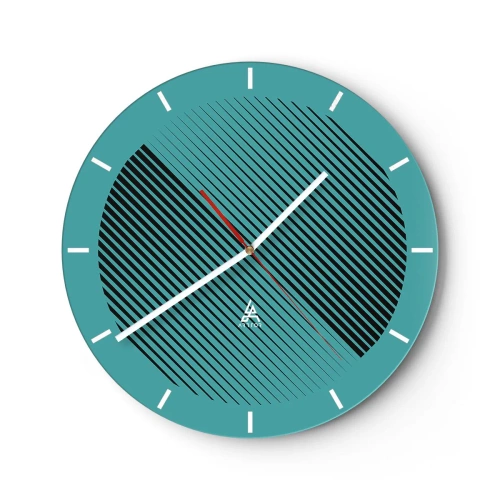 Nástěnné hodiny - Tyrkysové pozadí s černými diagonálními čarami v geometrickém uspořádání - 30x30cm - Kruh – geometrická variace - Moderní nástěnná dekorace do obývacího pokoje, kuchyně a ložnice ARTTOR