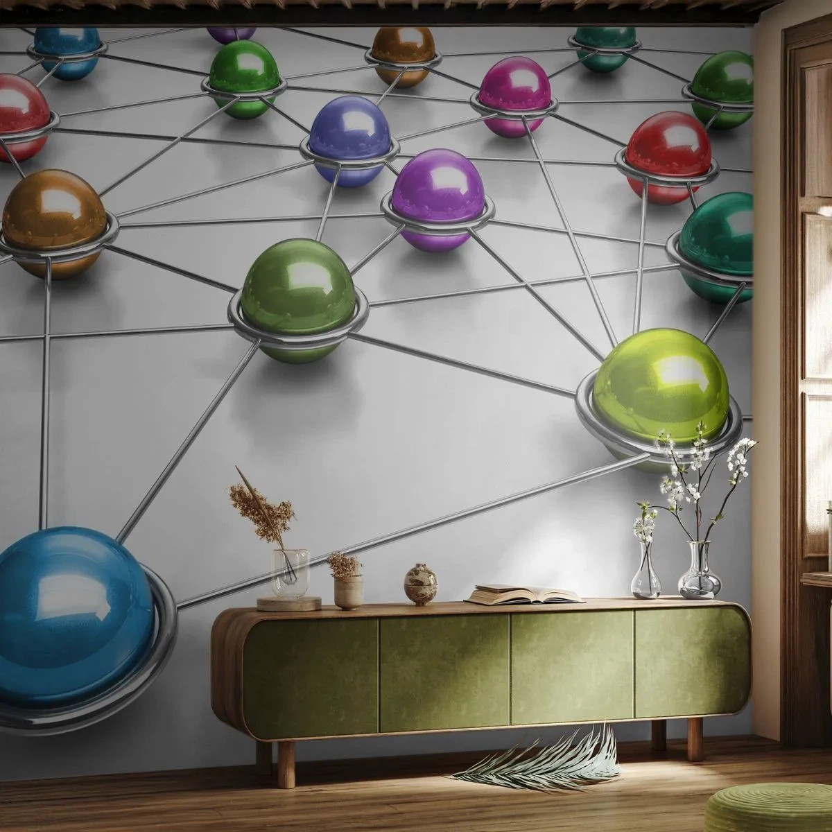 Fototapeta Samolepicí Deluxe Sticker - Vesmírná pavučina - Abstrakce, Kovové koule, 3D - 500x350 cm