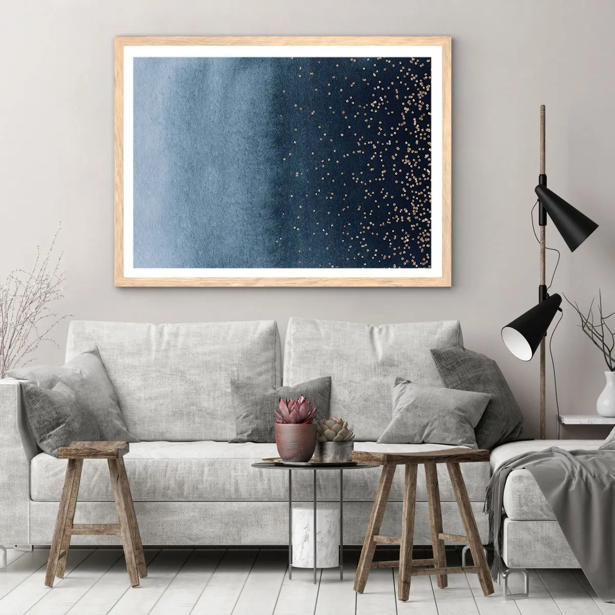 Plakát v rámu světlý dub - Kompozice – modré fáze - 91x61 cm