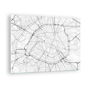 Obraz na skle - Černobílá mapa města s uliční mřížkou a kruhovými tepnami - 70x50cm - Květ Paříže - Moderní nástěnná dekorace do obývacího pokoje a ložnice ARTTOR