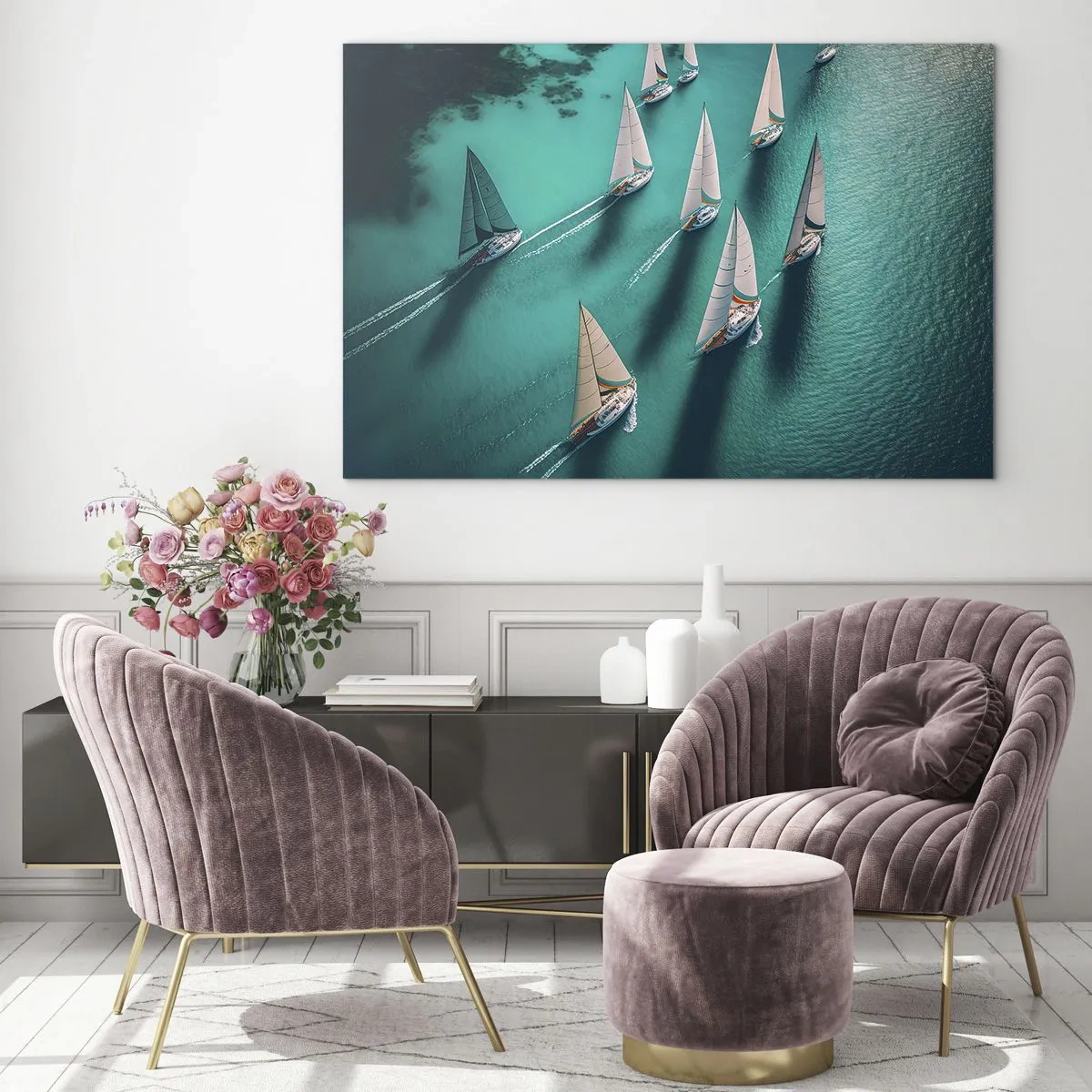 Obraz na skle - Plachetnice na tyrkysové vodě zachycené z ptačí perspektivy - 70x50cm - Zápasení s větrem - Moderní nástěnná dekorace do obývacího pokoje a ložnice ARTTOR