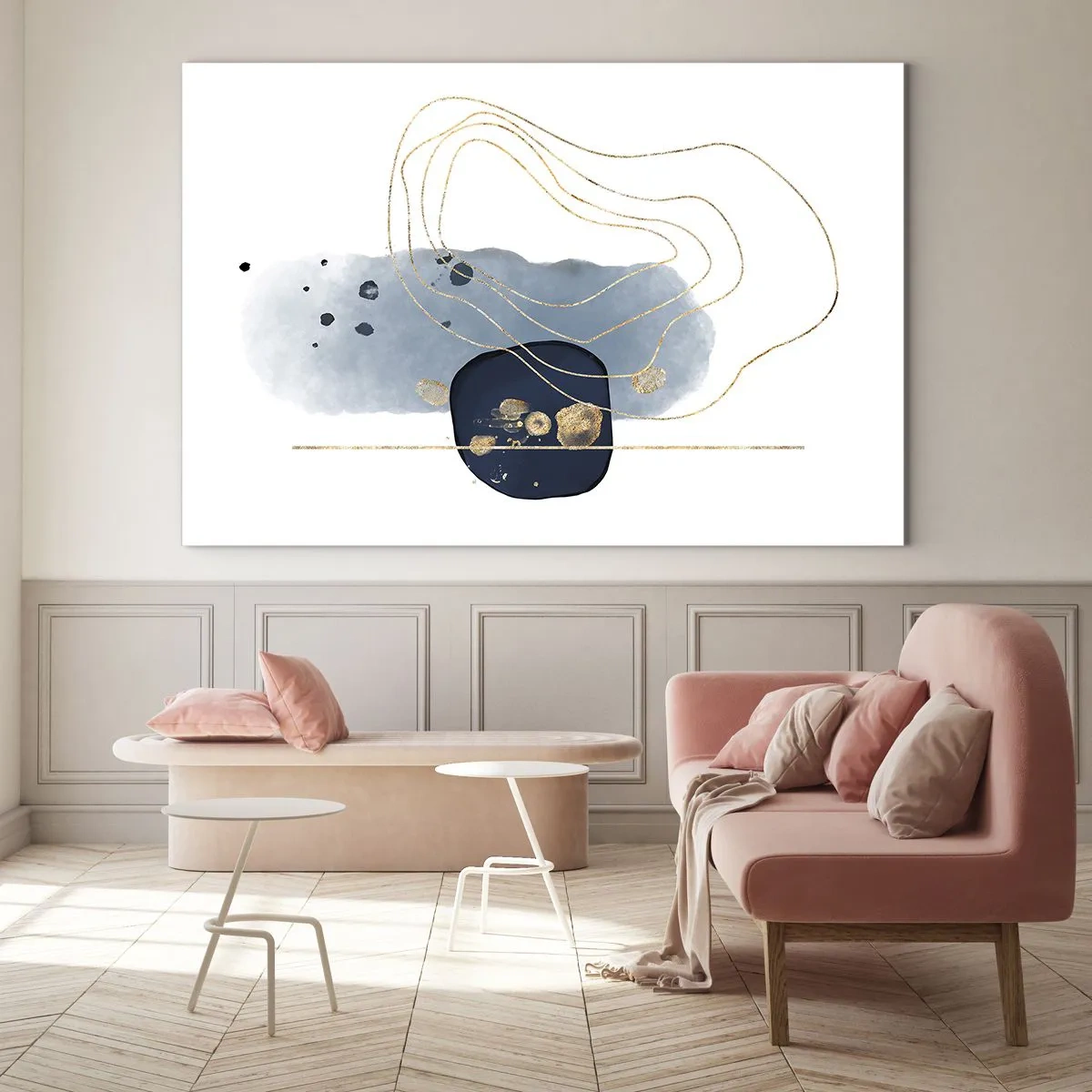 Obraz na skle - Abstraktní kompozice v modrých a zlatých tónech - 70x50cm - Modro-zlatá fantazie - Moderní nástěnná dekorace do obývacího pokoje a ložnice ARTTOR