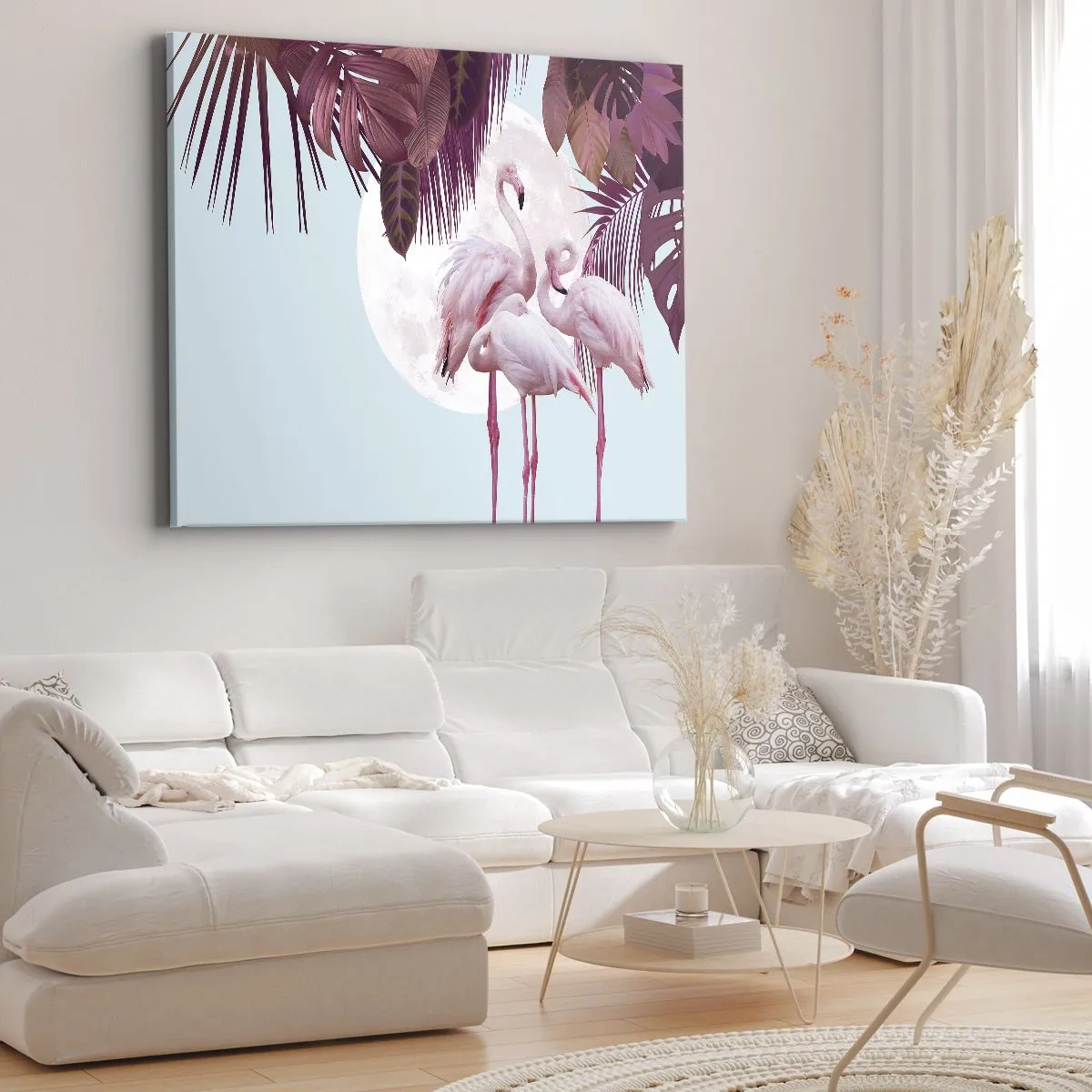 Obraz na plátně - Růžoví plameňáci na pozadí měsíce a tropických listů - 70x50cm - Tři ptačí grácie - Moderní nástěnná dekorace do obývacího pokoje a ložnice ARTTOR
