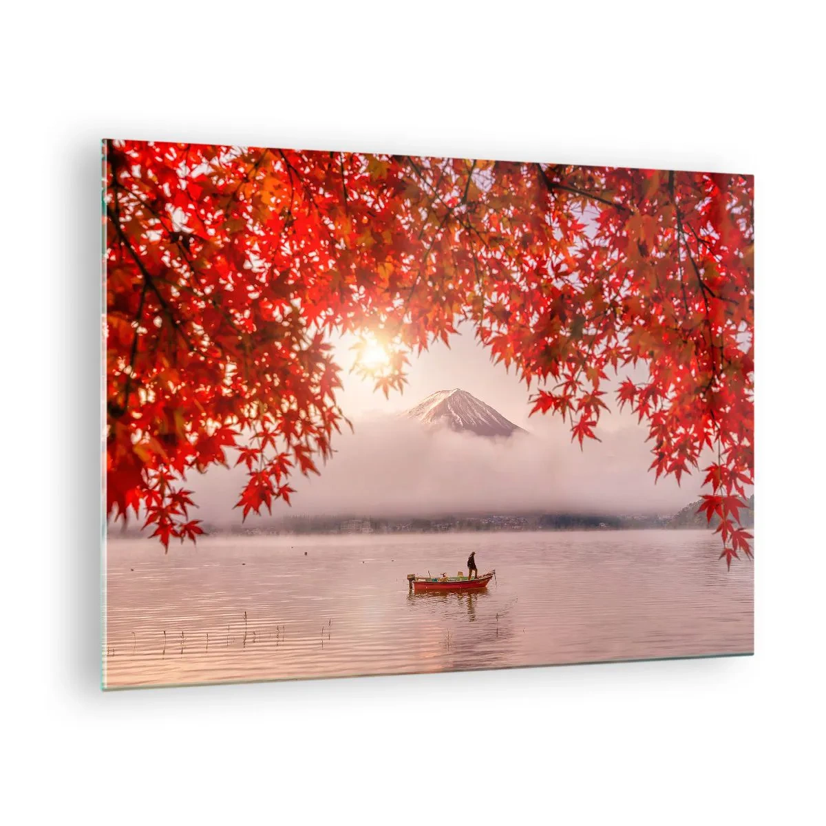Obraz na skle - Hora Fudži s lodí na jezeře obklopeném červenými listy - 70x50cm - V japonském stylu - Moderní nástěnná dekorace do obývacího pokoje a ložnice ARTTOR