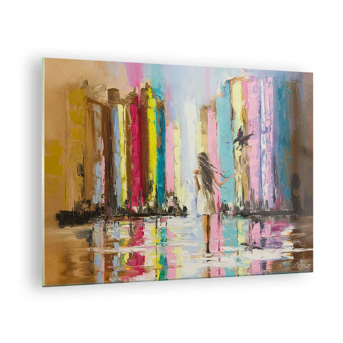 Obraz na skle - Žena s ptákem v pozadí barevných budov - 70x50cm - Pojď se mnou - Moderní nástěnná dekorace do obývacího pokoje a ložnice ARTTOR