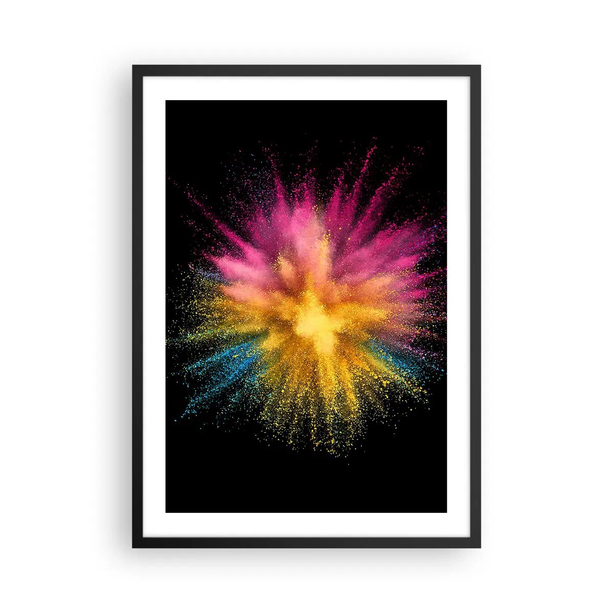 Plakát v černém rámu - Exploze barevného prášku na černém pozadí - 50x70cm - Zrození barev - Moderní nástěnná dekorace do obývacího pokoje a ložnice ARTTOR