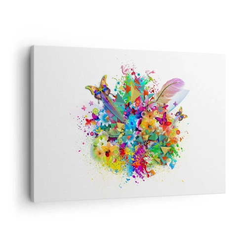 Obraz na plátně - Barevný motiv s květinami a motýly - 70x50cm - Kytice radosti - Moderní nástěnná dekorace do obývacího pokoje a ložnice ARTTOR